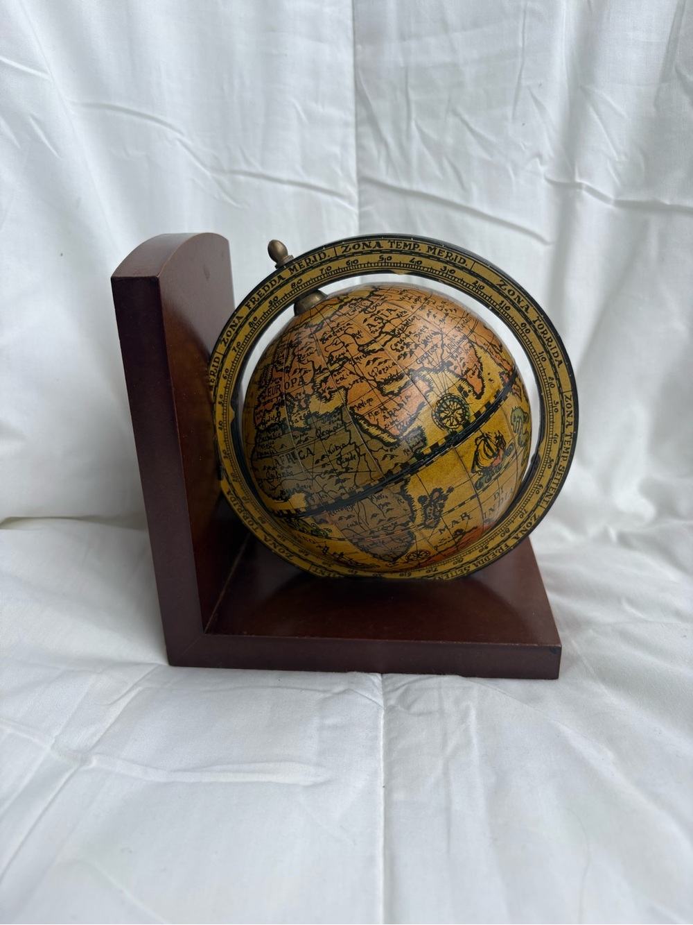 Classic Brown Globe Bookend with Antique Map Accent. From Italy.